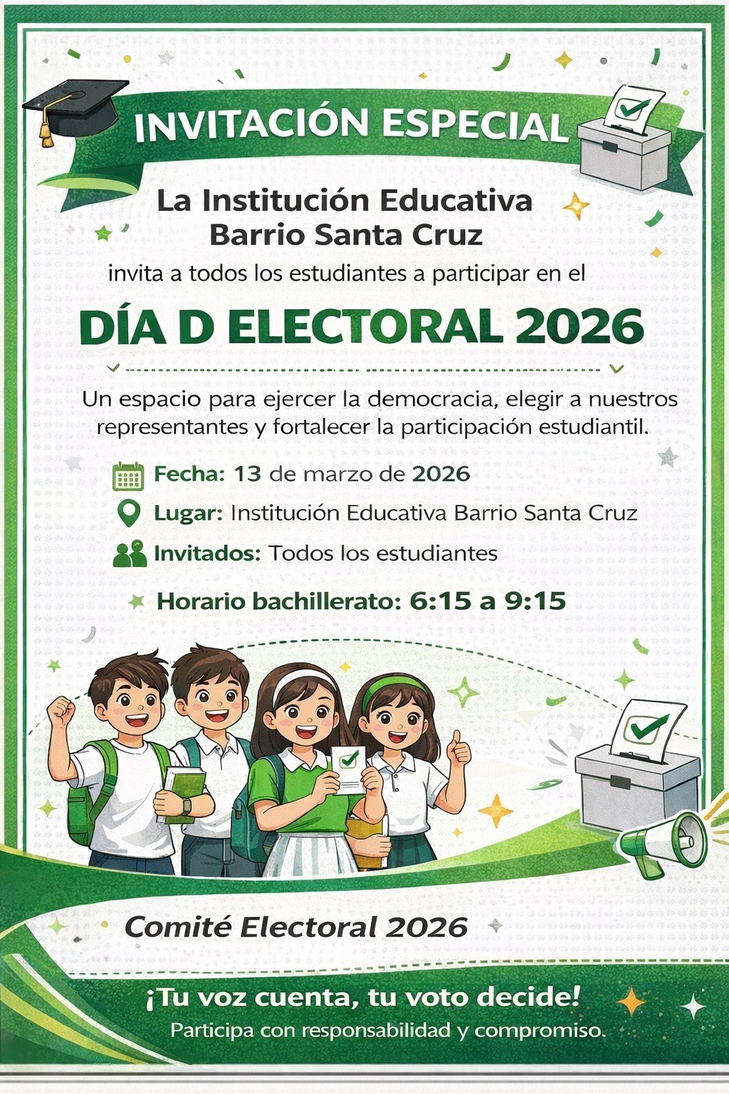 Invitación a estudiantes a jornada de la democracia escolar, día D. Marzo 13 de 2026.